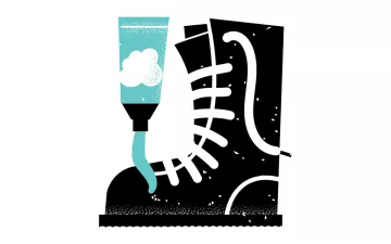 Black and teal illustration of a tube squeezing gel on to the toe of a lace up boot.