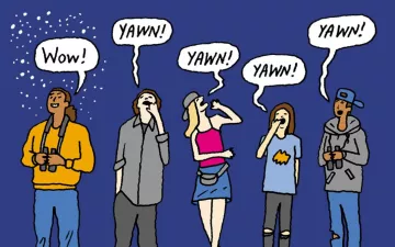 illustration of 5 people only one of which can see the Milky Way