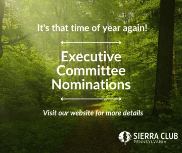 A graphic with a forest in the background and white text, "It's that time of year again! | Executive Committee Nominations | Visit our website for more details" and the Sierra Club Pennsylvania logo in the bottom right.