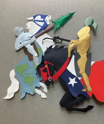 Illustration shows two knights on horseback fighting. One is wearing an Earth-patterned blanket and the other a Texas flag blanket.