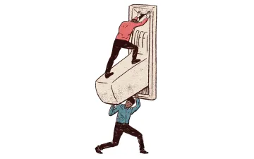 Illustration shows a light switch with two men. One wearing red is on top of the switch trying to keep it in the off position while one in blue is trying to push the switch up to on.