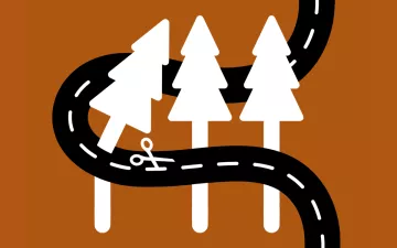 Illustration shows three trees with a road winding through them and scissors