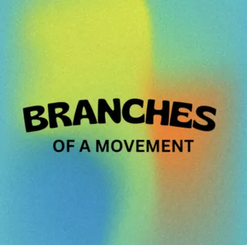 Black text "Branches of a Movement" in front of abstract coloring, shades of green and orange.