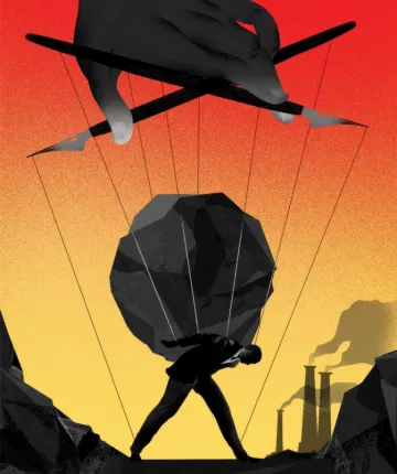 A puppeteer's hand controls strings around a businessman holding a large lump of coal on his back.