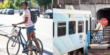 Photo of on backpack person taking bike and  people boarding MTA light rail link