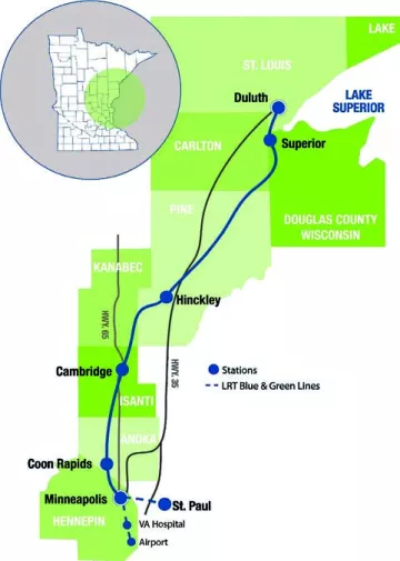Proposed Northern Lights Express Train Route. Graphic credit: MN Department of Transportation