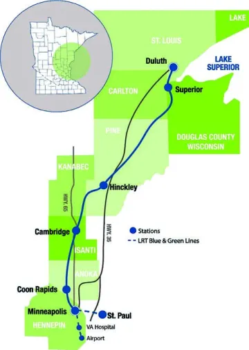 Proposed Northern Lights Express Train Route. Graphic credit: MN Department of Transportation