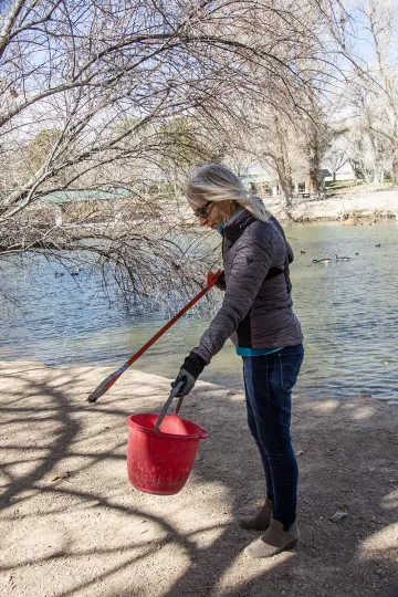 FLOYD-LAMB-CLEANUP.18-Southern Nevada Group-Sierra Club member Diana Baker picking up debris by one of the four ponds at Floyd Lamb Park at Tule Springs.