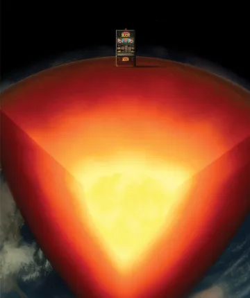 Illustration shows a nesting-doll Earth, cut in half with four nesting sections of different colors. In the middle is a black-and-white poker chip.