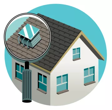  Illustration shows a house with a small desalination system on the roof.
