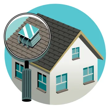 Illustration shows a house with a small desalination system on the roof.