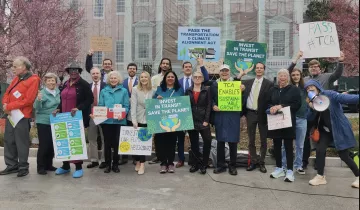 Group of transportation advocates rallying for the Transportation and Climate Alignment Act in front of the State House in Annapolis. 