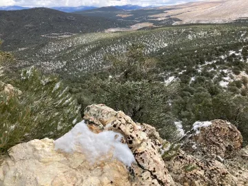 Aurora Crater in the upper left, Sawtooth Ridge drill sites in the foreground. Bare area in the upper right is a burn area on the north slope of Mt. Hicks.