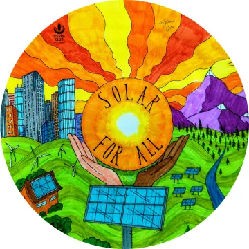 Illustrated graphic with words "Solar For All" on a sunshine with a cityscape on one side and mountains on other side and solar panels everywhere and white and Black hands holding the sun
