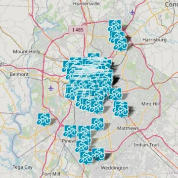 A map showing Charlotte-area businesses that participate in the Bike Benefits program