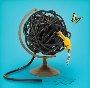 Illustration shows a black gasoline hose wrapped in the shape of a globe, with some liquid dripping out of the nozzle and a yellow butterfly next to it