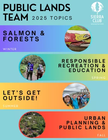 Graphic with list of Public Lands Team 2025 topics: Salmon & Forests (winter); Responsible Recreation & Education (Spring); Let's Get Outside (Summer); Urban Planning & Public Lands (Fall) 
