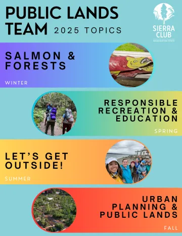 Graphic with list of Public Lands Team 2025 topics: Salmon & Forests (winter); Responsible Recreation & Education (Spring); Let's Get Outside (Summer); Urban Planning & Public Lands (Fall) 