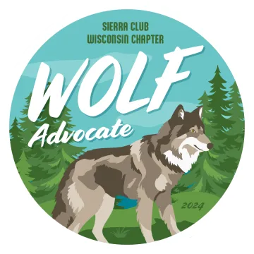 Brown wolf drawing in front of trees with a blue background and "wolf advocate" written on top