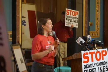 Jess Mazour speaking at pipeline rally, March, 2025
