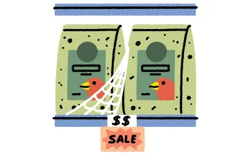Illustration shows two bags of birdseed on a shelf with a cobweb and a "sale" sign.