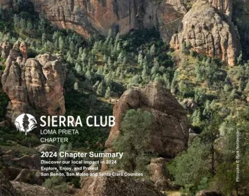 Photo of Pinnacles National Park, text: Sierra Club Loma Prieta Chapter 2024 Chapter Summary