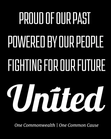 Black background with white text that reads, "Proud of your past, powered by our people, fighting for out future, United"
