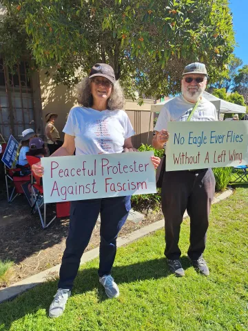 Carole and Alex Mintzer at No Kings rally in SLO on October 18 2025