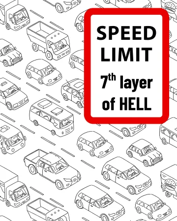 Graphic of cars in traffic with speed limit sign saying "7th layer of HELL"