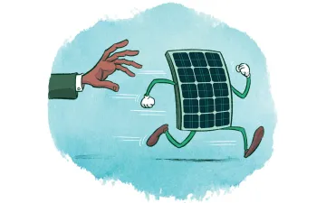 Illustration shows a suited arm and a hand reaching for a solar panel that's running away.