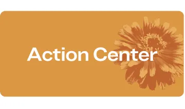 Orange button that says "Action Center" with a zinnia in the background