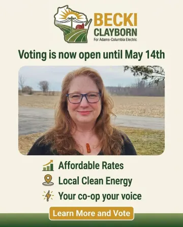 Picture of Becki Clayborn outside, with text "voting is now open until May 14th. Affordable rates, local clean energy, your coop your voice"