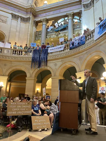 Peter Wagenius, Sierra Club North Star Chapter Legislative and Political Director, speaks to activists in the MN Capitol rotunda to protect the BWCA