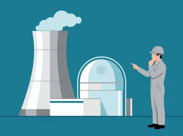 Graphic of nuclear power plant with a person standing next to it