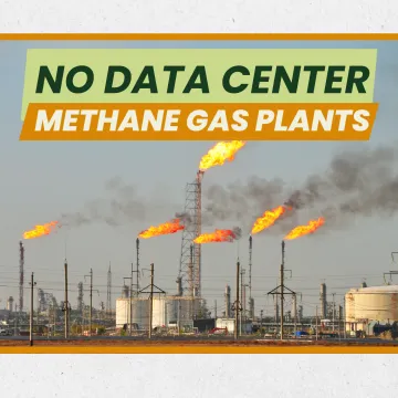 No Data Center methane gas plants on an image of a fracking site