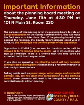 info flyer planning board meeting 6-11-26protest rural hall data center