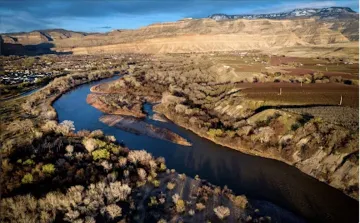 Low water levels are visible at Blue Mesa Reservoir on March 25, near Gunnison, Colorado. The reservoir, fed by the Gunnison River, is part of the Colorado River Basin's water storage system