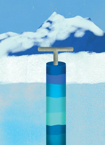 Illustration of a glacier and an ice core drill showing layers of blue ice