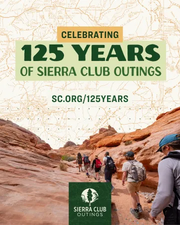 A graphic illustration noting the 125th anniversary of the Sierra Club's outings program