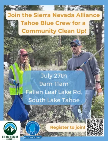 Poster for a community cleanup event on July 27th, 2026 featuring two people cleaning up a forest 