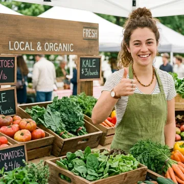 Woman working at farmers market booth with vegetables