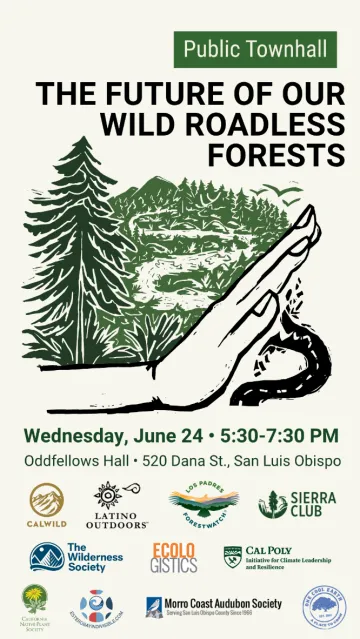 Graphic about the future of our wild roadless forests and list of town hall sponsors