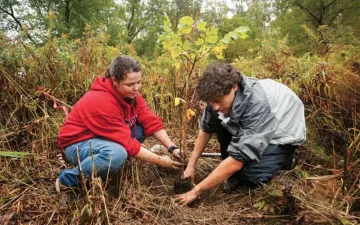 students digging in community garden