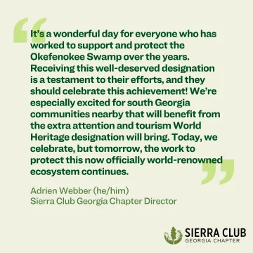 Text on a light green background showing a quote from Sierra Club Georgia Chapter Director Adrien Webber