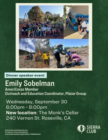 Flyer for dinner speaker event on Sept. 30th from 6-8pm. Dark green background with collage of images and light green text below. 