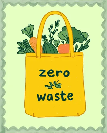 Graphic of reusable bag labeled "zero waste" filled with produce