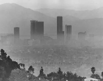 Smog in Los Angeles - high rises and mountains in background in 1973