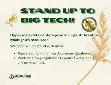 A graphic that reads "Stand Up To Big Tech!" encouraging activism on the posed by threat of hyper scale data centers. 