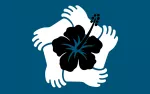 Illustration shows five hands holding onto wrists to form a circle. Inside is a tropical flower.