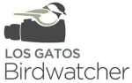 Bird on top of binoculars, below text Los Gatos Birdwatcher